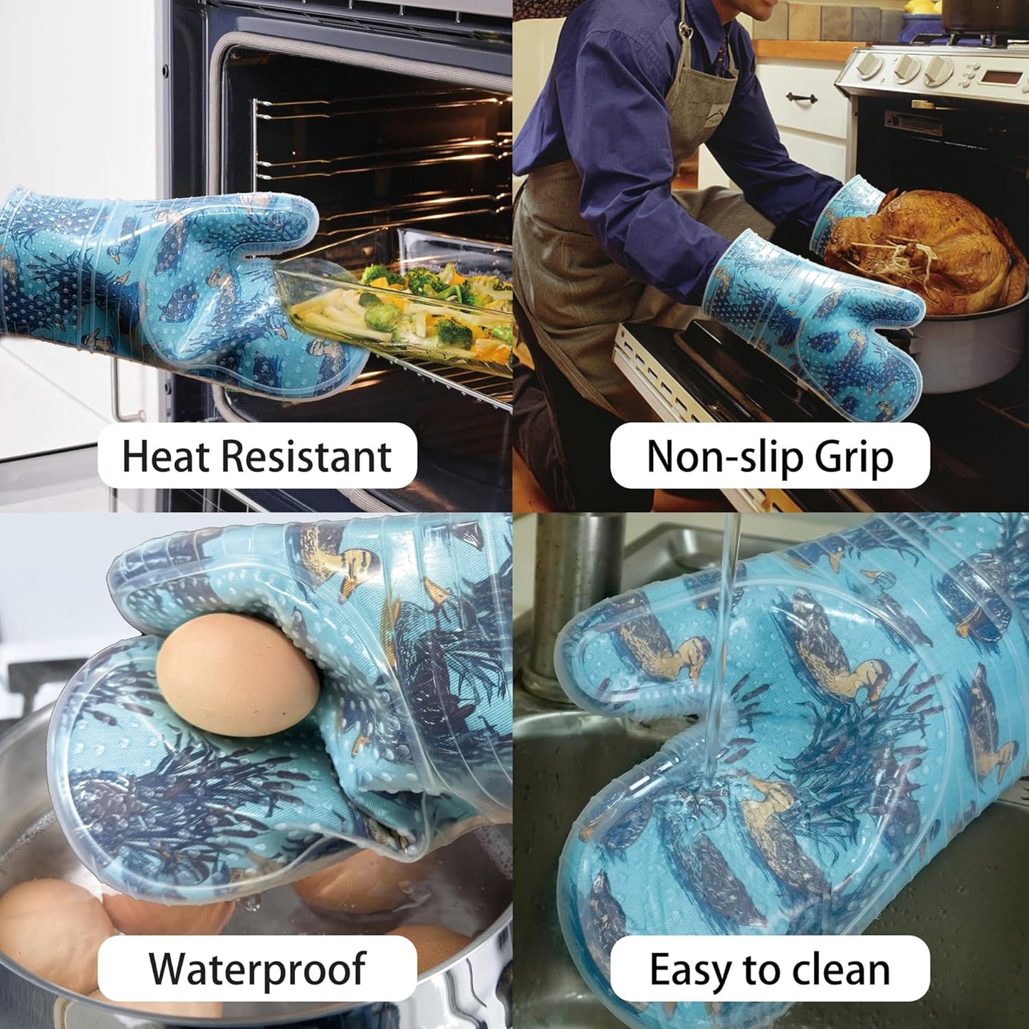 Oven Mitts Set of 2 with Transparent Clear Silicone Shell and Nice Duck Printing Cotton Lining, Heat Resistant to 500 F Kitchen Oven Gloves Pot Holder for Cooking (Wathet Blue, Oven Mitts)