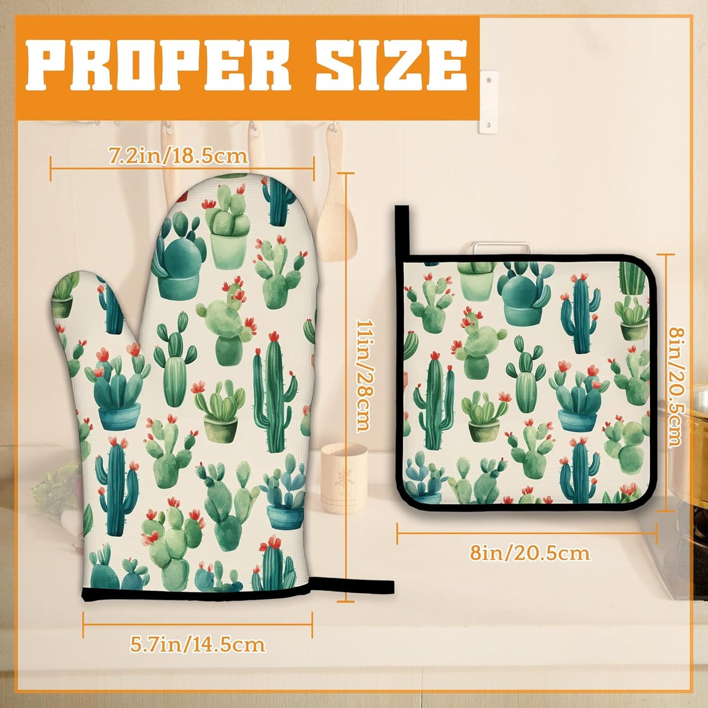 Cactus Succulent Flower Oven Mitts and Pot Holders Set,Kitchen Decor Heat Resistant Non Slip Hot Pads and Oven Mitt for Chef Cooking Baking BBQ Mom Girl Gifts(4 Piece Set)