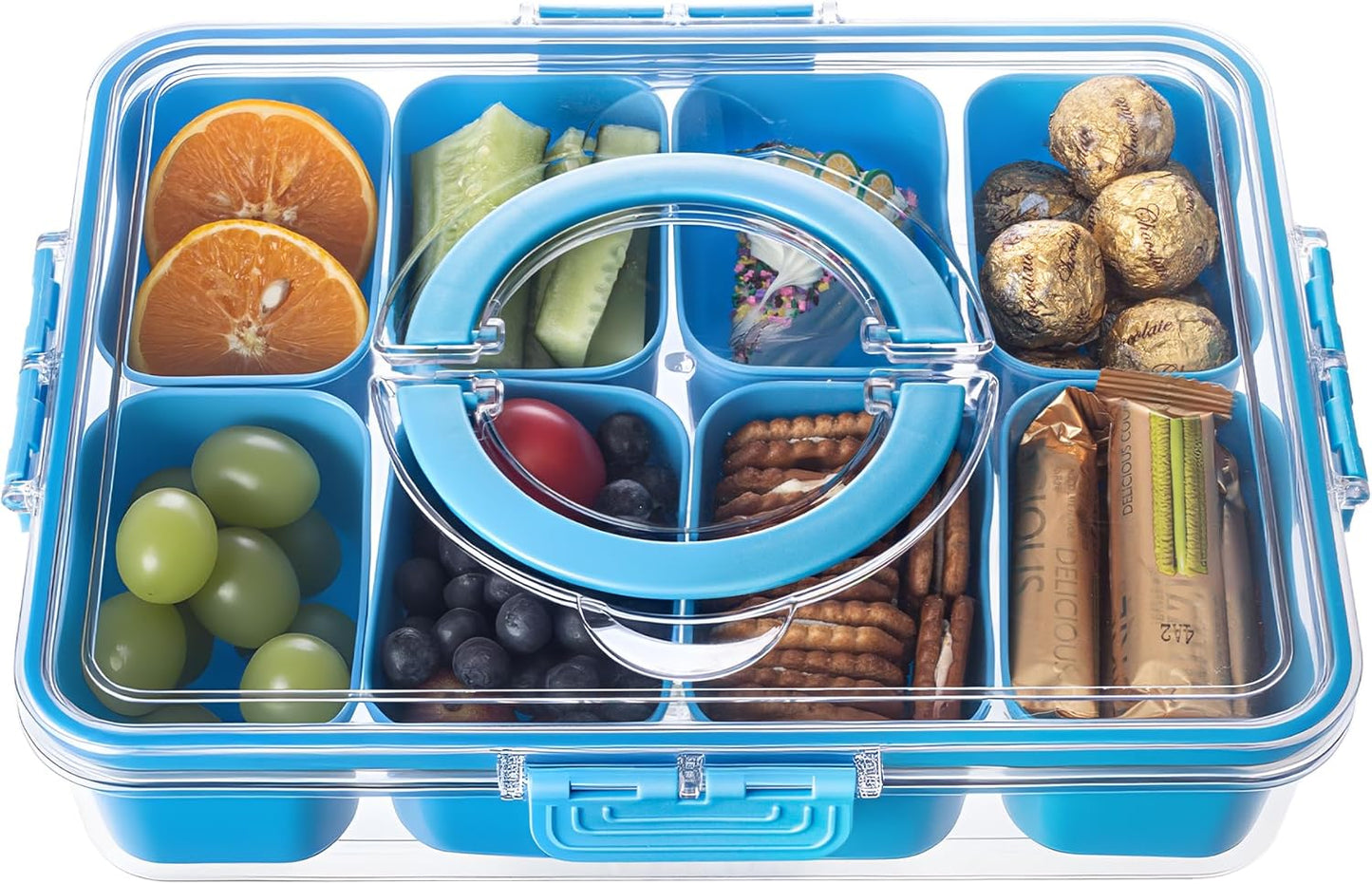 Divided Serving Tray with Lid and Handle - Snackle Box Charcuterie Container for Portable Snack Platters Organizer for Candy, Fruits, Nuts, Snacks - Perfect for Party, Entertaining, Cerulean