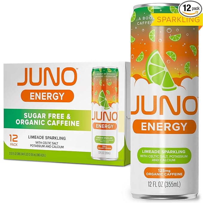 JUNO ENERGY Limeade Sparkling Energy Drink - Sugar Free Electrolytes, Energizing and Hydrating with 125mg Organic Caffeine from Green Coffee Beans, Organic Monk Fruit, Lime Juice & Electrolytes - Vegan, Gluten Free, 12 Pack