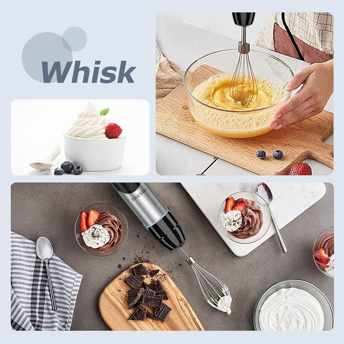 FRESKO Immersion Blender Handheld, 4-in-1 Stainless Steel Hand Electric Stick Mixer with 12-Speeds & Turbo Mode, Powerful 500W Emulsion Blender with Beaker, Chopper & Whisk