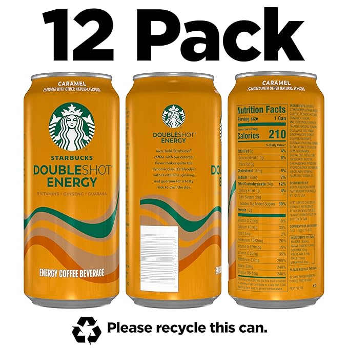 Starbucks Doubleshot Energy Drink Coffee Beverage, Caramel, Iced Coffee, 15 fl oz Cans (Packaging May Vary) (Pack of 12)