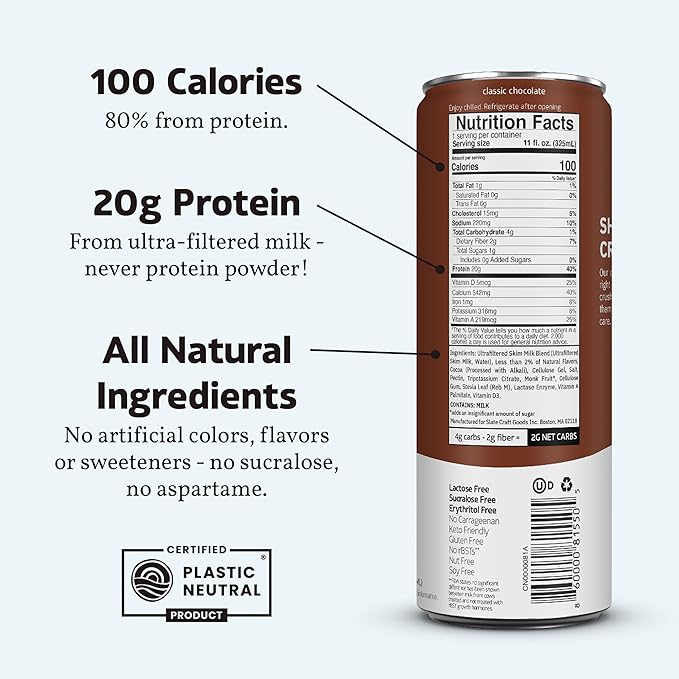 Slate Milk - High Protein Milk Shake - Classic Chocolate - Lactose Free, 20g Protein, 1g Sugar, 100 Calories, 2g Net Carbs, No Added Sugar - Natural, Breakfast Boost, Post Workout - 11 fl oz, 48 Cans