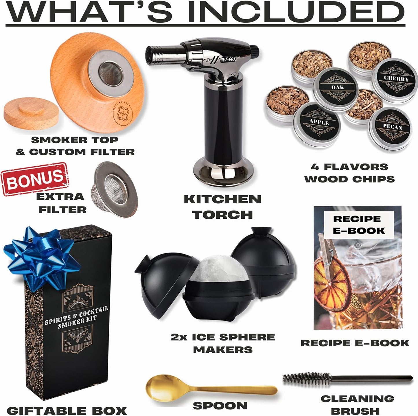 Cocktail Smoker Kit - Whiskey Bourbon Drink Smoker with Torch, Custom Top, 2 Ice Ball Makers, 4 Flavors Wood Chips - Smokers for Whiskey Drinks - Cocktail Drink Smoking Kit - Unique Gifts for Him