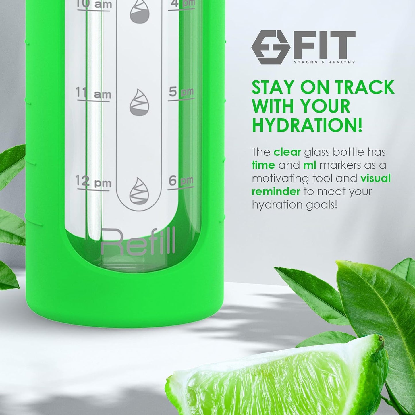 FIT Strong & Healthy 32 oz Glass Water Bottle with Straw Lid, Time Marker, Sleeve & Extra Lid - Motivational, Wide Mouth 1 Liter Glass Drinking Bottle