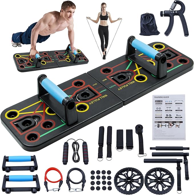 Push-up board, home gym, portable fitness equipment, Pilates bar, and 20 fitness accessories, including resistance bands and an ab wheel, for full-body workouts at home