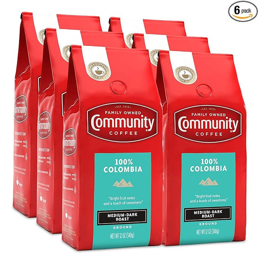 Community Coffee 100% Colombia 72 Ounce, Medium Dark Roast Ground Coffee, 12 Ounce (Pack of 6)