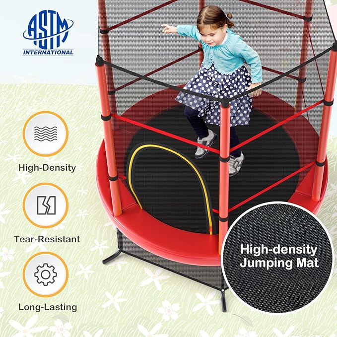 GYMAX Toddler Trampoline, 55” Trampoline for Kids with Bottom-to-Top All-Round Enclosure Net & Seamless Jumping Mat, ASTM Approved Easy Assembly Kids Mini Trampolines Indoor/Outdoor