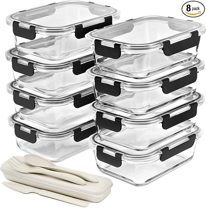 Sorbus 16pc (8 Rectangular 35oz Food Storage Containers and 8 Airtight Lids) – 4.4 Cup Glass Meal Prep Containers, Dishwasher, Freezer, and Oven Safe – Reusable Glass Food Containers for Meal Prep