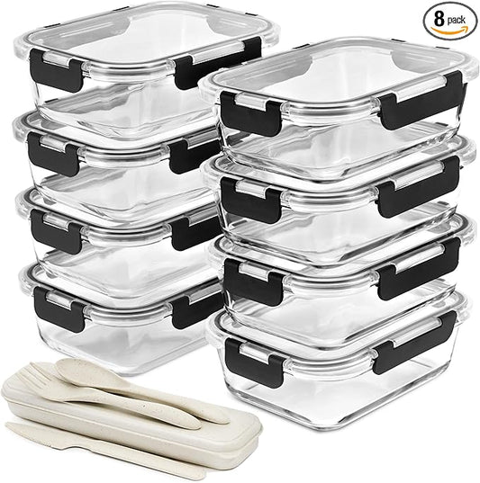 Sorbus 16pc (8 Rectangular 35oz Food Storage Containers and 8 Airtight Lids) – 4.4 Cup Glass Meal Prep Containers, Dishwasher, Freezer, and Oven Safe – Reusable Glass Food Containers for Meal Prep