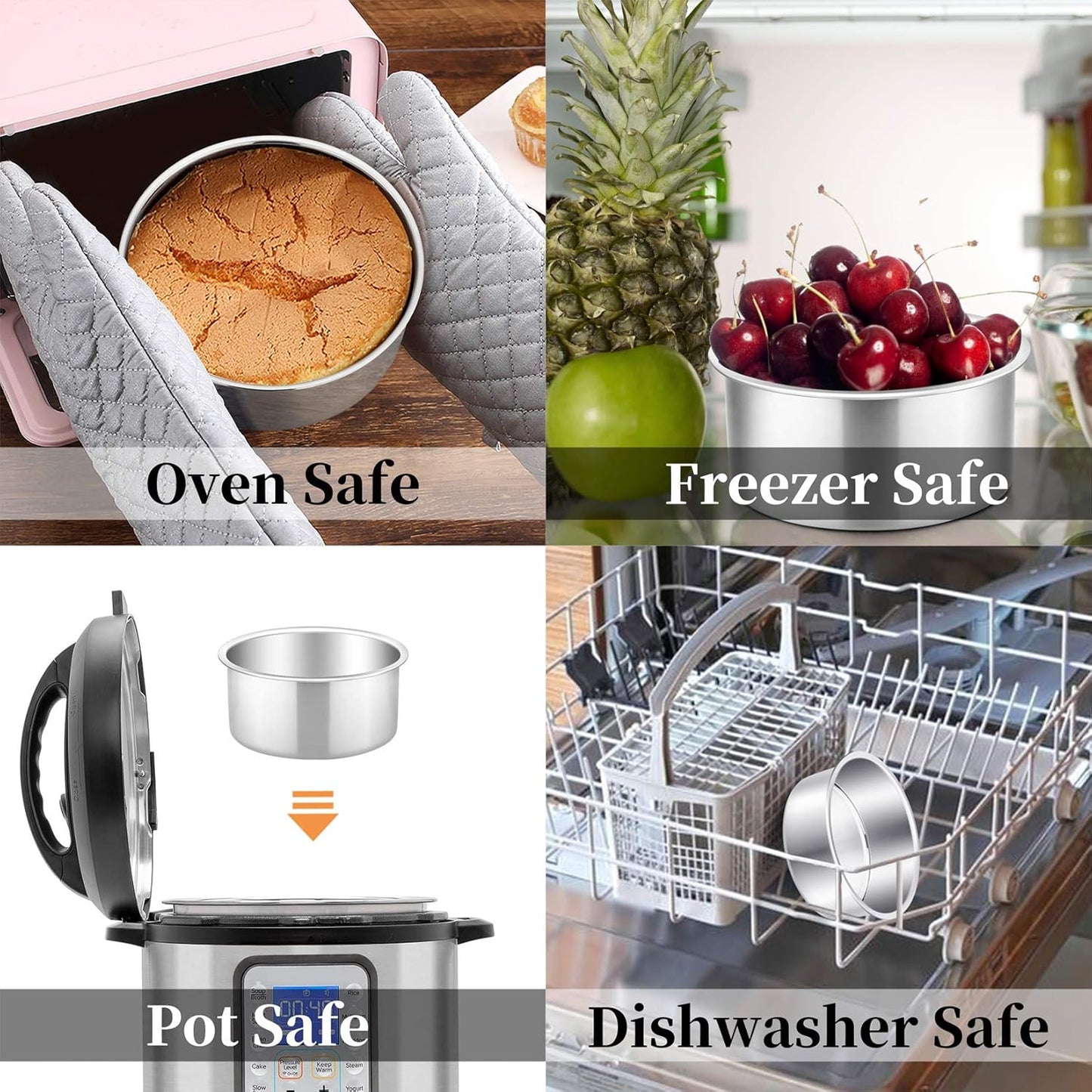 P&P CHEF 4 Inch Round Cake Pan Set of 3, Stainless Steel Round Baking Layer Pans Bakeware for Layer Birthday Cake, Fit Oven/Pots/Pressure Cooker, Leakproof & Dishwasher Safe, Silver