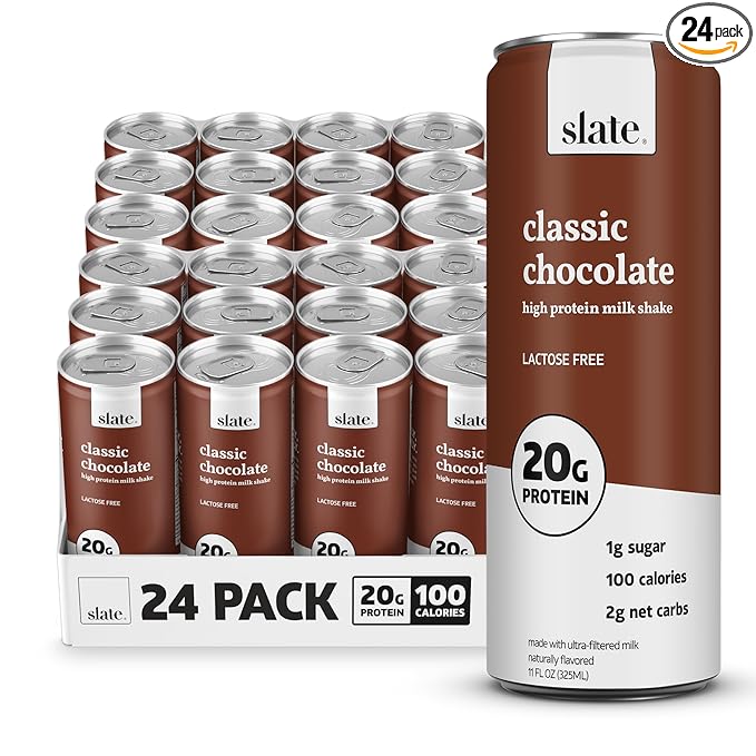Slate Milk - High Protein Milk Shake - Classic Chocolate - Lactose Free, 20g Protein, 1g Sugar, 100 Calories, 2g Net Carbs, No Added Sugar - Natural, Breakfast Boost, Post Workout - 11 fl oz, 24 Cans