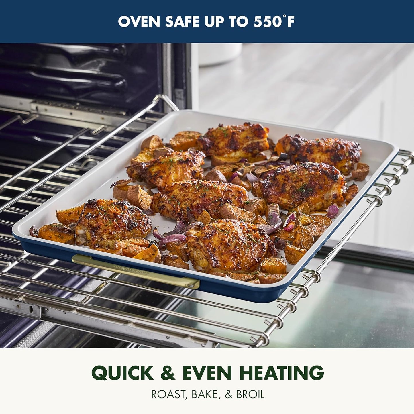 GreenPan Bakeware 13"x18" Half Baking Sheet Pan, Ceramic Nonstick Baking Pan, PFAS & BPA Free, Gold Handles, Durable Steel, Versatile & Space Saving Ovenware, Freezer to Oven Dish, Oxford Blue