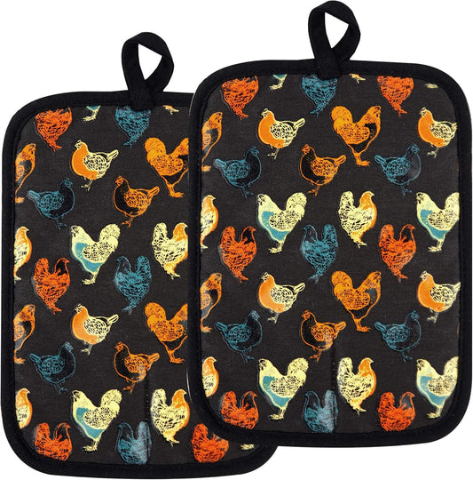 Pot Holders Set of 2 Heat Resistant 480 ℉Non Slip Clear Silicone Printed Comfortable Cotton Lining Kitchen Women Men Cooking Baking Microwave Machine Washable (Rooster, Black Potholders)