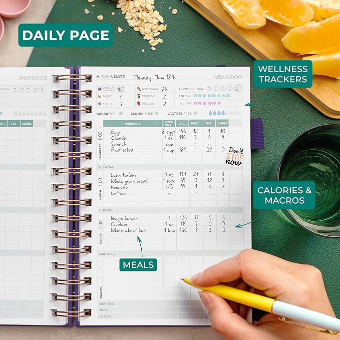 Clever Fox Food Journal Spiral - Daily Food Diary, Meal Prep Planner to Track Calories & Nutrients, Weight Loss Tracker Notebook (Purple)