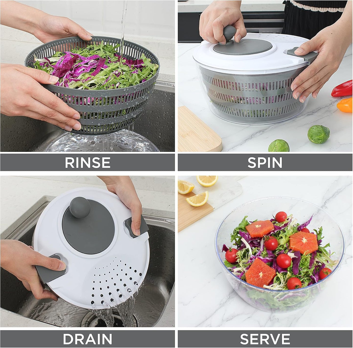 Cook with Color Salad Spinner - Lettuce and Produce Dryer with Bowl, Colander and Built in draining System for Fresh, Crisp, Clean Salad and Produce (Grey)