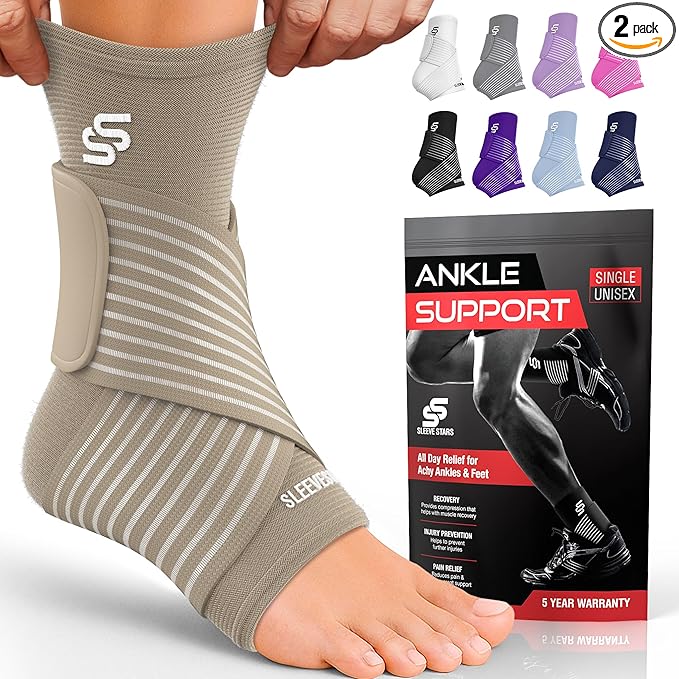 Sleeve Stars Ankle Brace for Women & Men, Ankle Wrap for Sprain, Compression Sleeve for Plantar Fasciitis Relief, Easy Customizable Support: w/ Removable Strap (Pair/M:10"-12"/Beige)