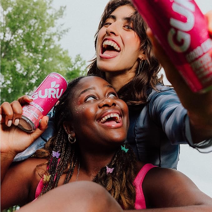 GURU Fruit Punch Organic Energy Drinks, Clean Energy Drink with Plant Based Natural Caffeine from Green Tea + Focus with L Theanine, Gluten Free and Vegan, 140MG Caffeine, 12oz (Pack of 12)