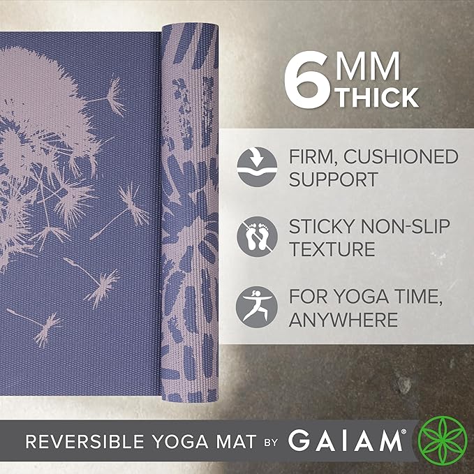 Gaiam Yoga Mat - Premium 6mm Print Reversible Extra Thick Non Slip Exercise & Fitness Mat for All Types of Yoga, Pilates & Floor Workouts (68" x 24" x 6mm Thick)