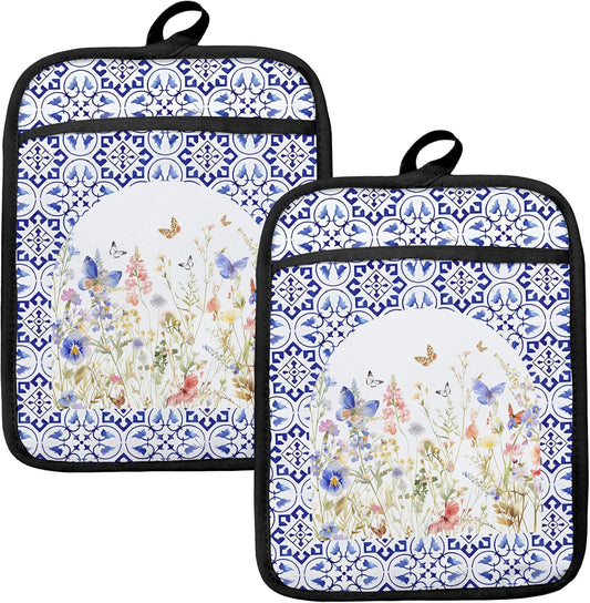 Colorful Wildflowers Floral Oven Mitts Set, Blue and White Heat Resistant Kitchen Oven Gloves for Baking and Cooking,Pot Holders