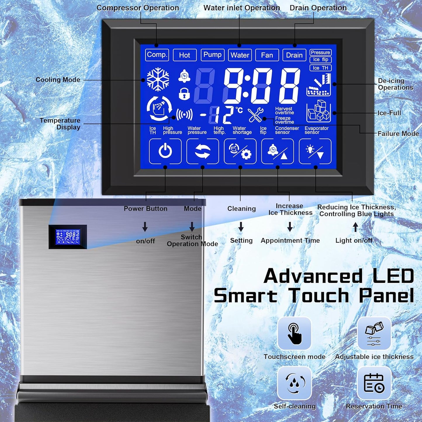 Commercial Ice Maker Machine 400Lbs/24H with 250Lbs Large Ice Storage Bin,Stainless Steel Industrial Ice Machine 156 Ice Cubes/Cycle with Touch Screen,Self-Cleaning for Restaurants Bars Cafes