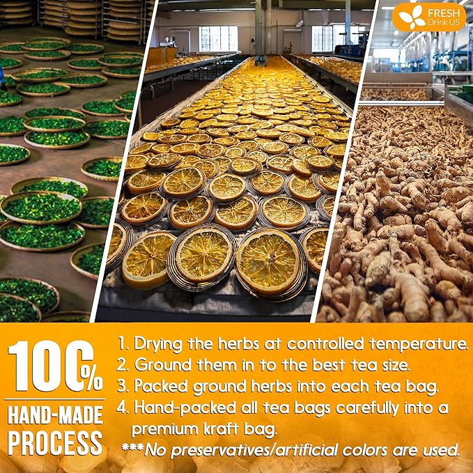 FreshDrinkUS, Premium 135 Tulsi Lemon Ginger Tea Bags, 100% Natural & Pure from Tulsi Holy Basil Leaves, Lemon and Ginger. Made with Natural Material Tea Bags. No Sugar, No Caffeine, Vegan.