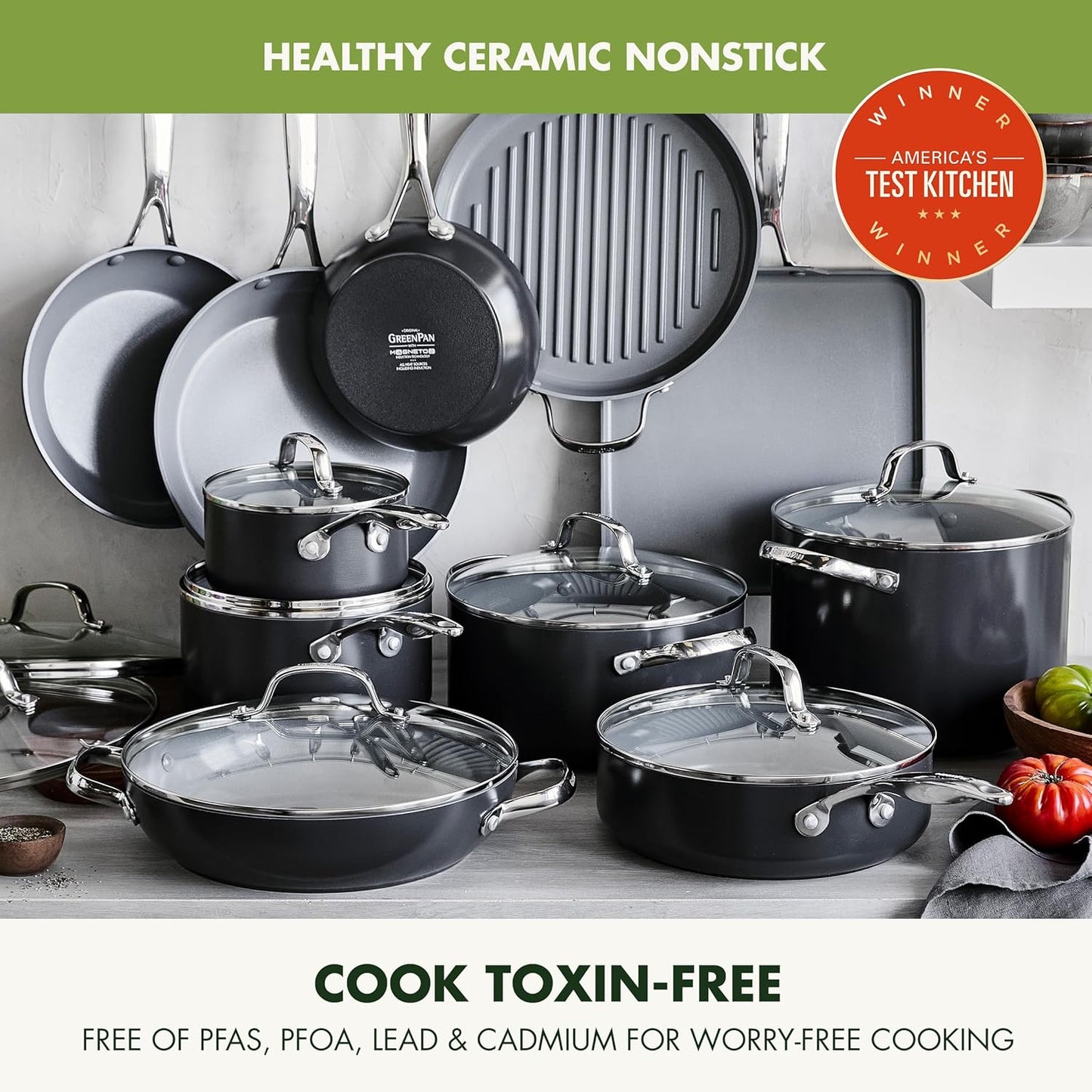GreenPan 22 Piece Valencia Pro Ceramic Nonstick Cookware Set, PFAS-Free, Induction Ready, Hard Anodized Pots & Pans with Lids, Compatible on All Cooktops, Dishwasher & Oven Safe, Gray