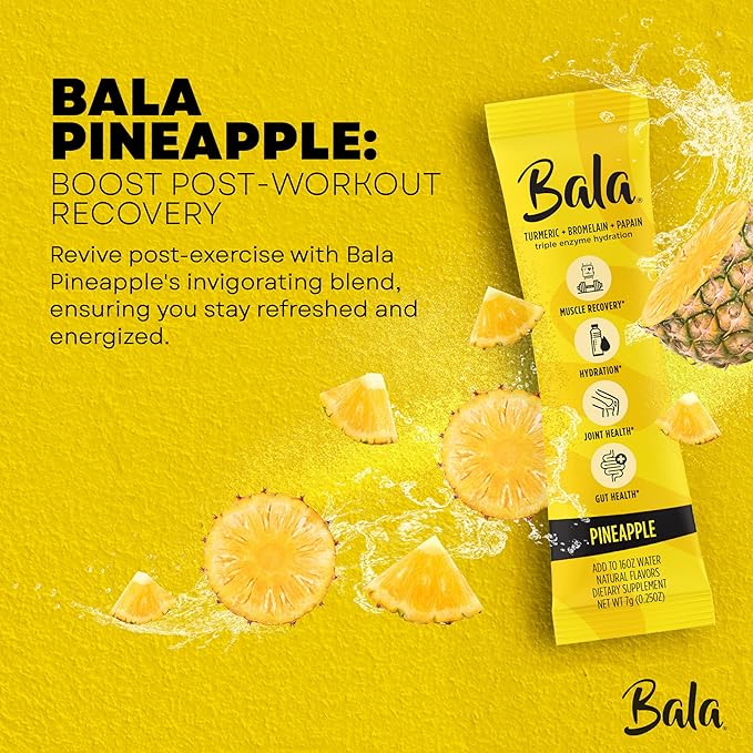 Bala Enzyme Hydration & Sugar-Free Drink Mix - Turmeric, Bromelain, Papain - Immunity, Mobility - Pineapple 0.25oz (30 Count)