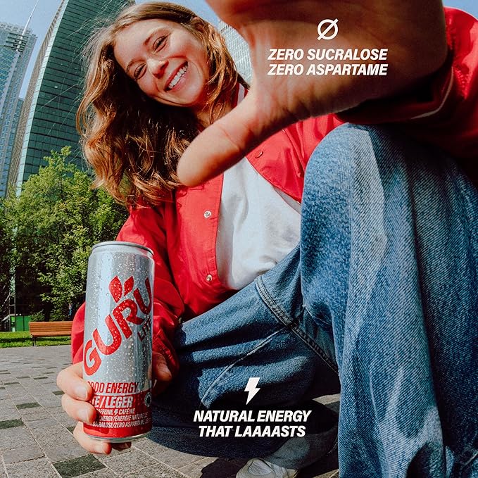 GURU Lite Organic Energy Drinks, Clean Energy Drink with Plant Based Natural Caffeine from Green Tea, Low Calorie, Gluten Free and Vegan, 140MG Caffeine, Healthy Drinks, 12oz (Pack of 12)