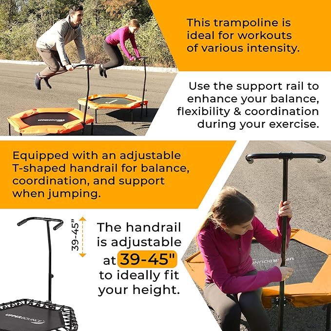 Upper Bounce Mini Workout Trampoline with Adjustable T-Shaped Handrail – Hexagonal Rebounder Trampoline for Kids & Adults – Fitness & Recreational Trampolines, Supports up to 220 lbs.