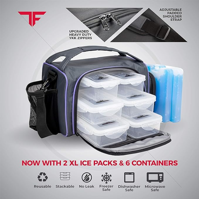 ThinkFit Insulated Meal Prep Lunch Box with 6 Food Portion Control Containers - BPA-Free, Reusable, Microwavable, Freezer Safe - With Shaker Cup, Pill Organizer, Shoulder Strap & Side Pocket (Purple)