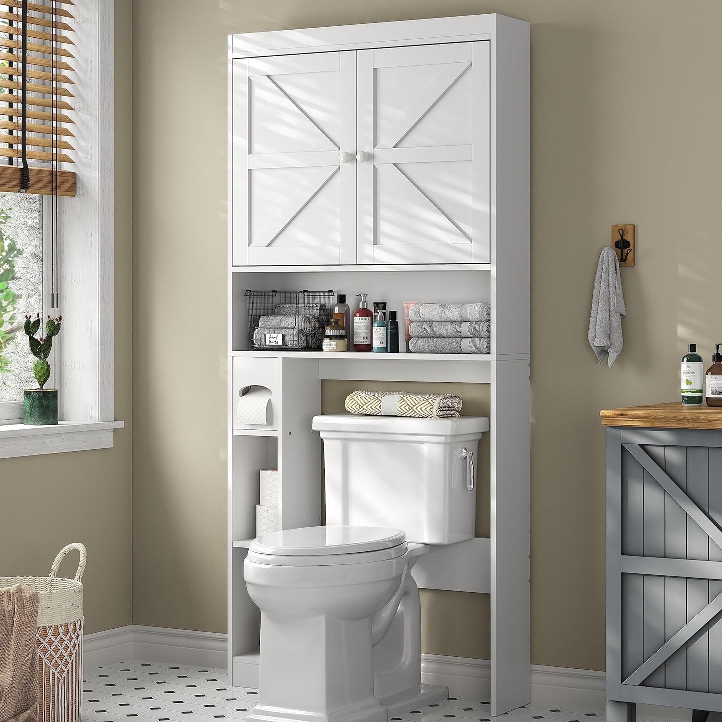 Furnideco Over The Toilet Storage Cabinet with Barn Doors, 32.3''W Free Standing Toilet Storage Shelf Space Saver with Adjustable Bottom Bar, White