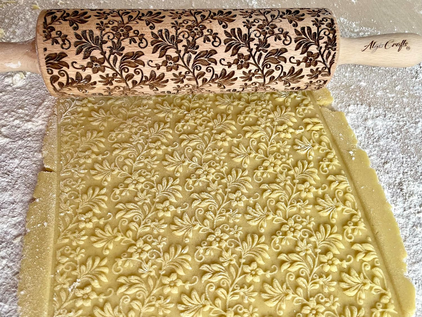 FLORAL WREATH Embossing Rolling Pin with Flowers Pattern. Dough and Clay Roller for Embossed Cookies and Pottery. Cookie and Ceramic Stamp. Backing Gifts for Women by Algis Crafts