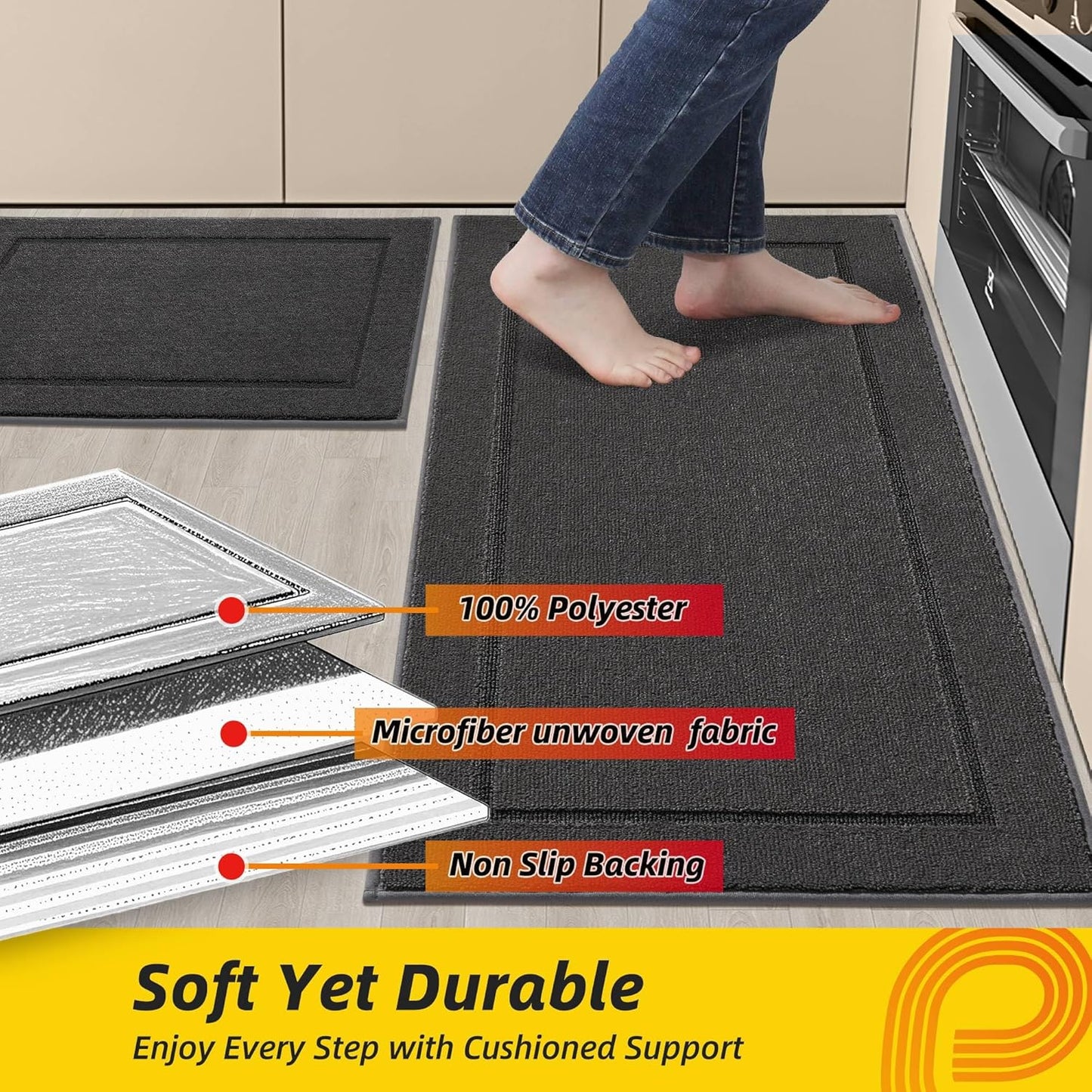 JSEI Non-Slip Kitchen Mats, Self Adhesive No Sliding Kitchen Rugs Set of 2, Washable Absorbent Floor Mat for Kitchen, Bathroom, Laundry Room, Bedroom, 20”x32”+20”x48”, Dark Grey, Rectangular Pattern