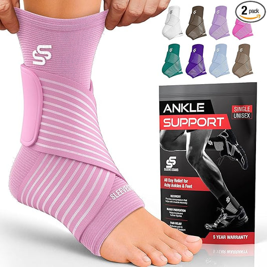Sleeve Stars Ankle Brace for Women & Men, Ankle Wrap for Sprain, Compression Sleeve for Plantar Fasciitis Relief, Easy Customizable Support: w/ Removable Strap (Pair/M:10"-12"/Baby Pink)