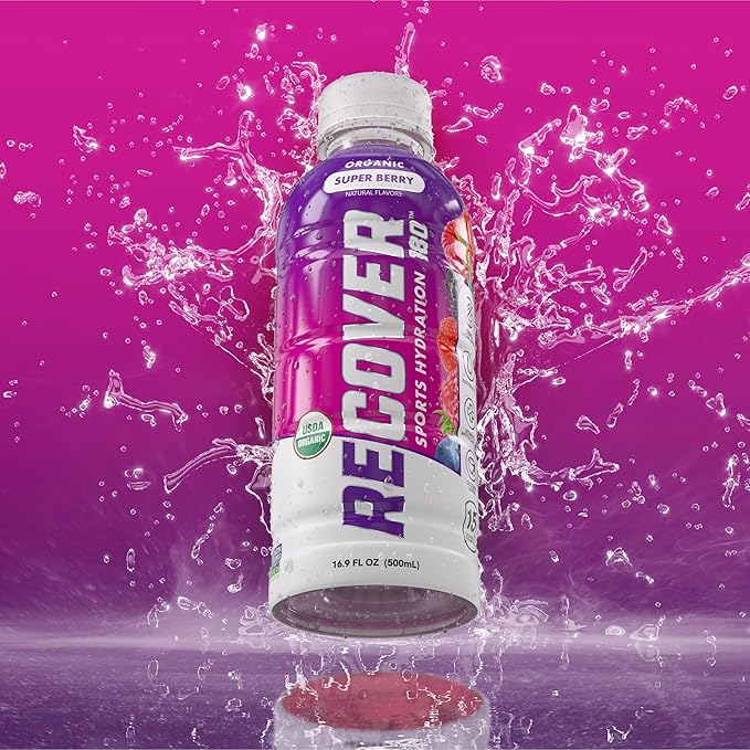 RECOVER 180 Organic Sports Hydration Drink, No Sugar Added, 20 Calorie Sports Beverage, Organic Flavors With Vitamins, Potassium-Packed Electrolytes (16.9 Fl Oz (Pack of 12), Super Berry)