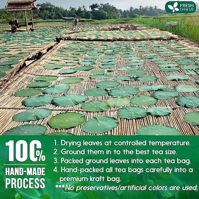 FreshDrinkUS, Premium 135 Lotus Leaf Tea Bags, 100% Natural & Pure from Lotus Leaves. Loose Leaf Lotus Herbal Tea. Made with Eco-Conscious Tea Bags. No Sugar, No Caffeine, No Gluten, Vegan.