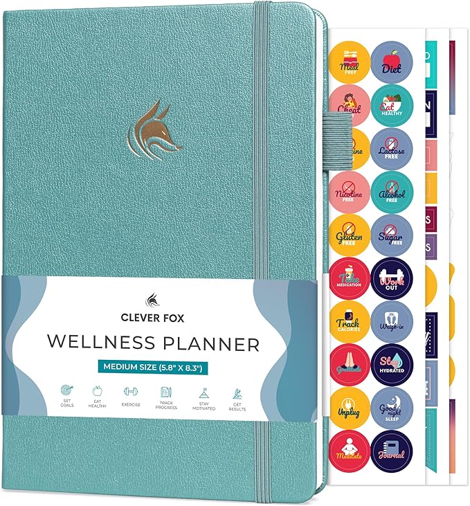 Clever Fox Wellness Planner - Weekly & Daily Health and Wellness Log, Food Journal & Meal Planner Diary for Calorie Counting, Notebook for Medical Condition Tracking, A5-Sized - Aquamarine
