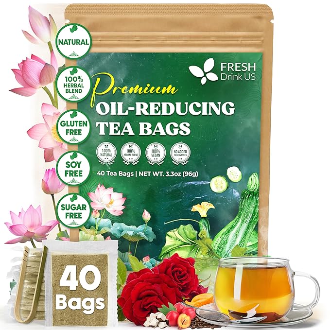 FreshDrinkUS, Oil-Reducing Herbal Tea – 40 Tea Bags | Blend of Winter Melon, Lotus Leaf, Ginger, Hawthorn, Gardenia Fruit, Rose, Cassia Seed & More | Naturally Caffeine-Free | Delicious Hot or Iced