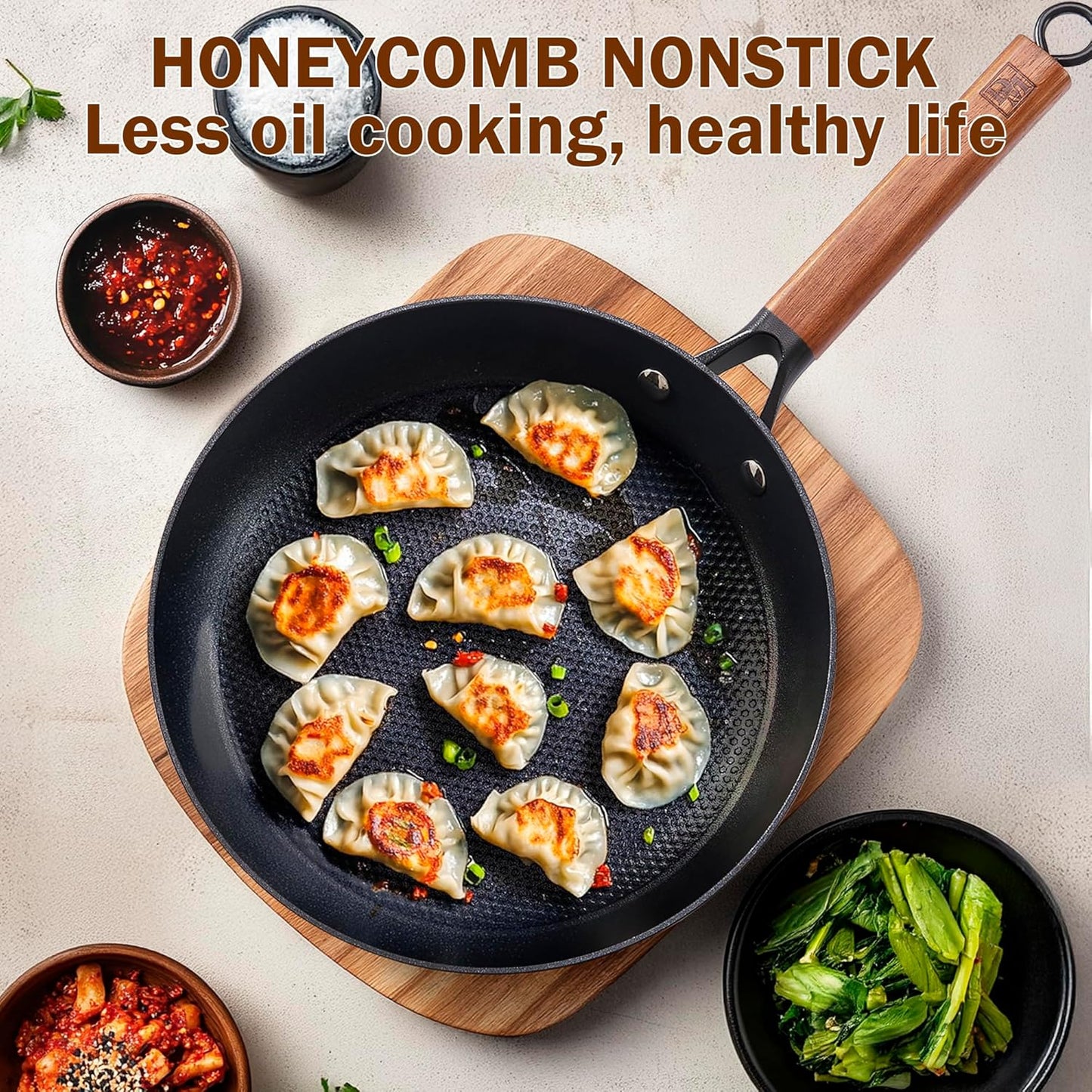 DM Cast Iron Skillet, 2 Piece Nonstick Frying Pan Set, 8 and 12 Inch with Detachable Acacia Wooden Handle, Honeycomb Non stick Omelet Egg Pan, Easy Clean Oven Safe Pans for Cooking