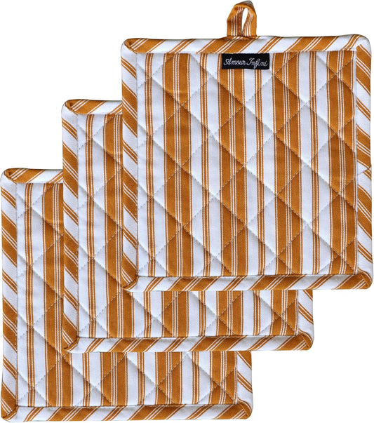 AMOUR INFINI Double Stripe Pot Holders Heat Resistant Cotton Set of 3 Nonslip 8"x8" Inch Hot Pads for Kitchen, BBQ, Baking & Cooking with Hanging Loops (Yellow)