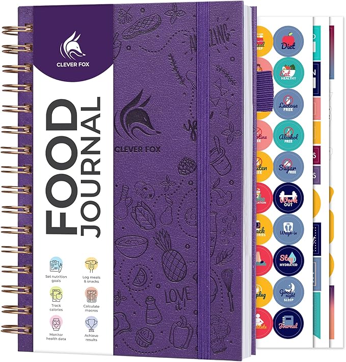 Clever Fox Food Journal Spiral - Daily Food Diary, Meal Prep Planner to Track Calories & Nutrients, Weight Loss Tracker Notebook (Purple)