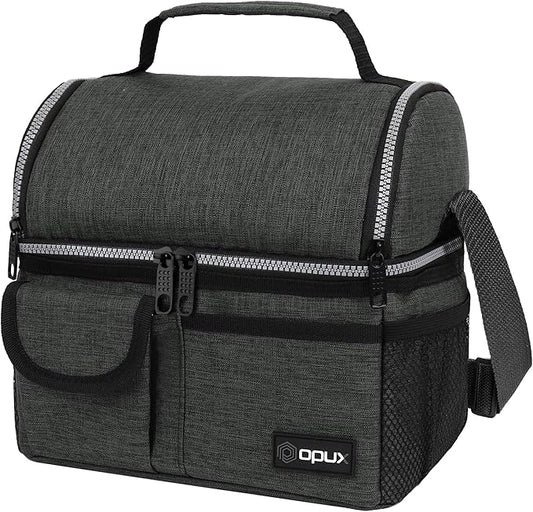 OPUX Lunch Box for Men, Adult Lunch Box Cooler, Insulated Lunch Bag Women, Dual Compartment Lunchbox for Work, Leakproof Double Decker Lunch Bag, Soft Lunch Pail Tote Boys Girls Kids School, Dark Gray