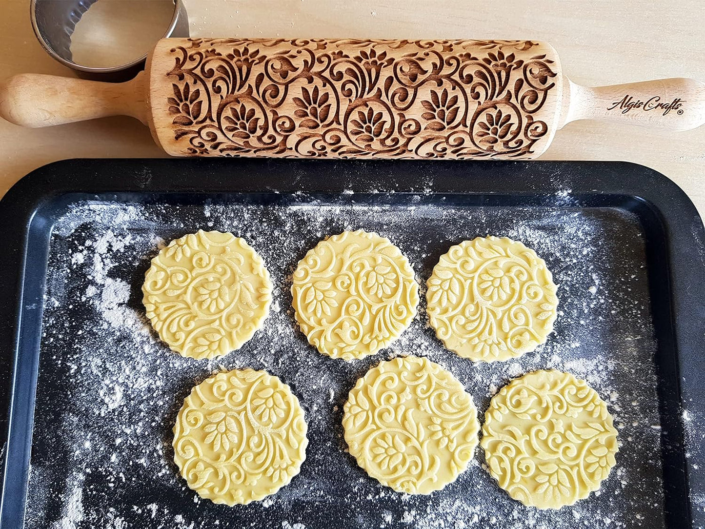 FLOWERING VINE Embossing Rolling Pin. Laser Engraved Dough Roller with Climbing Flowers Pattern for Embossed Cookies or Pottery by Algis Crafts