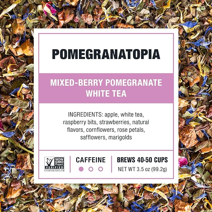Tiesta Tea Pomegranatopia – Premium Loose Leaf Mixed-Berry Pomegranate White Tea | Low-Caffeine Blend | Hot & Iced | 3.5 Ounce Refillable Tin | Brews Up to 50 Cups