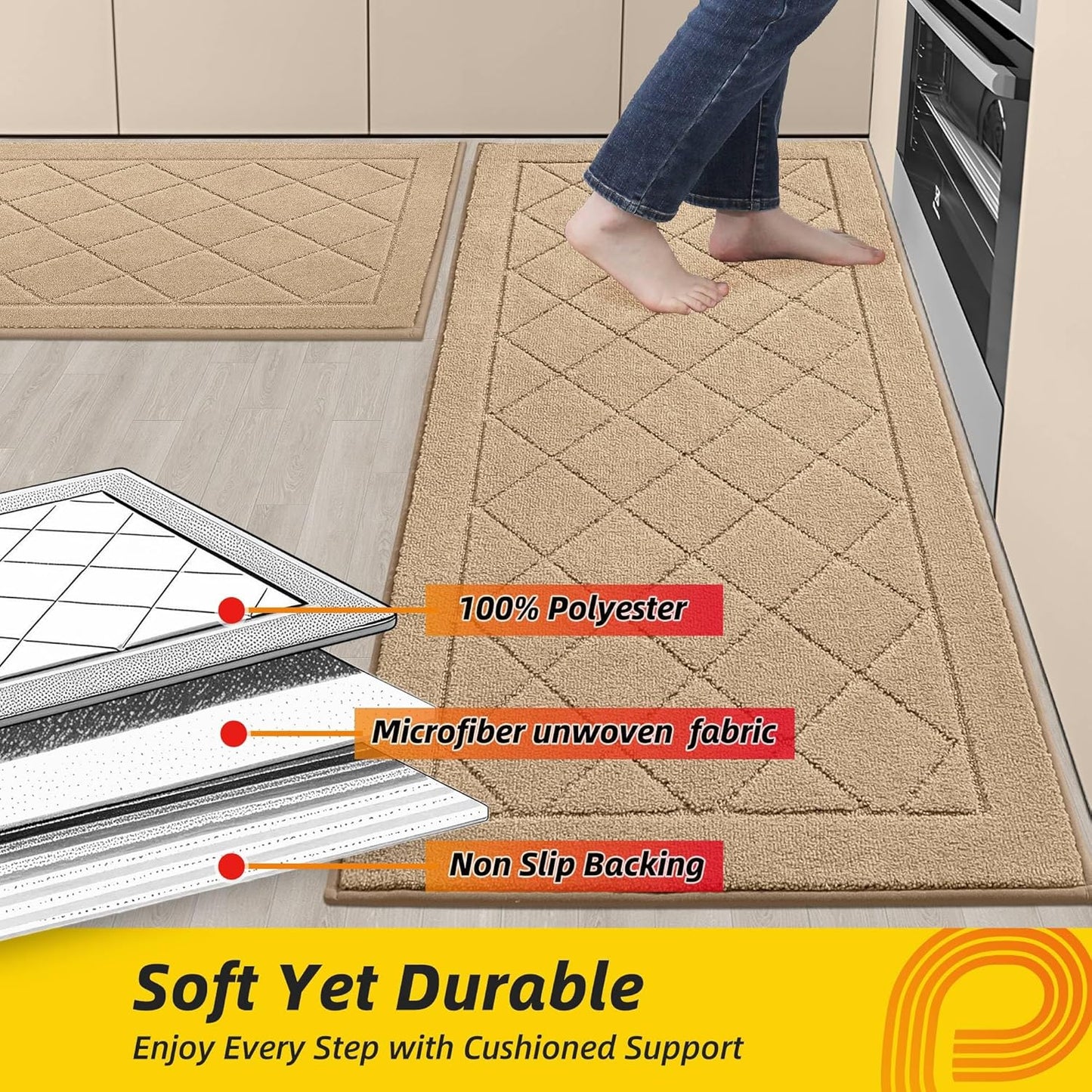 JSEI Non-Slip Kitchen Rugs, Self Adhesive No Sliding Kitchen Mats Set of 2, Soft Washable Absorbent Floor Mat for Kitchen, Bathroom, Laundry Room, Bedroom, 24”x36”+24”x60”, Beige, Diamond Pattern