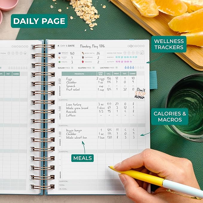 Clever Fox Food Journal Spiral - Daily Food Diary, Meal Prep Planner to Track Calories & Nutrients, Weight Loss Tracker Notebook (Aquamarine)