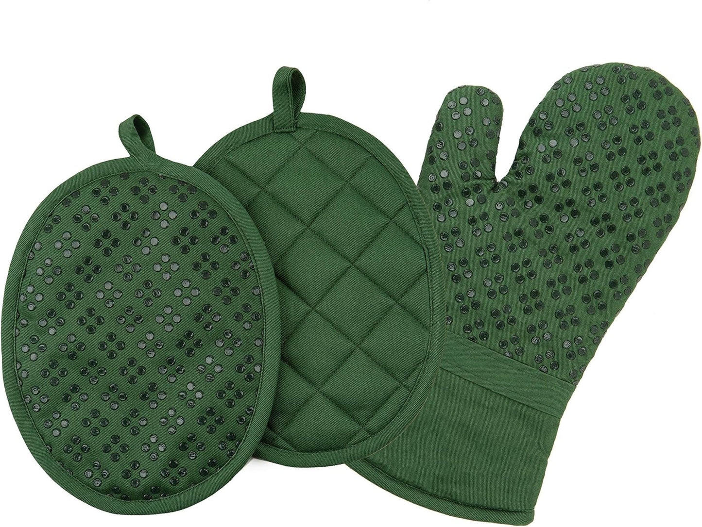Sticky Toffee Oven Mitt and Pot Holder Set of 3 – Dark Green Non-Slip Silicone Kitchen Hot Pads and Mitts, 100% Cotton Shell, Oeko-Tex Cotton