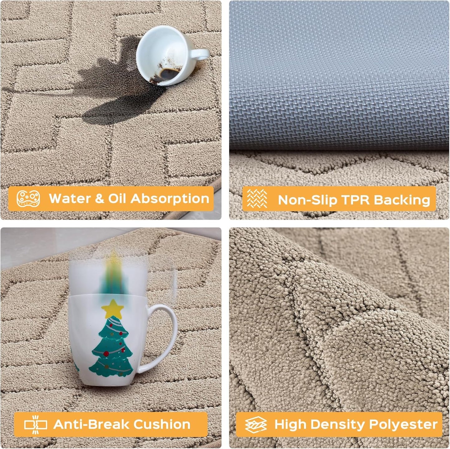 Machine Washable Kitchen Rugs 24" x 70", Non-Slip Kitchen Runner Rugs Mats for Floor, Absorbent Comfort Standing Mats for Kitchen, Sink, Laundry and Hallway, Rolled Packaging, Taupe