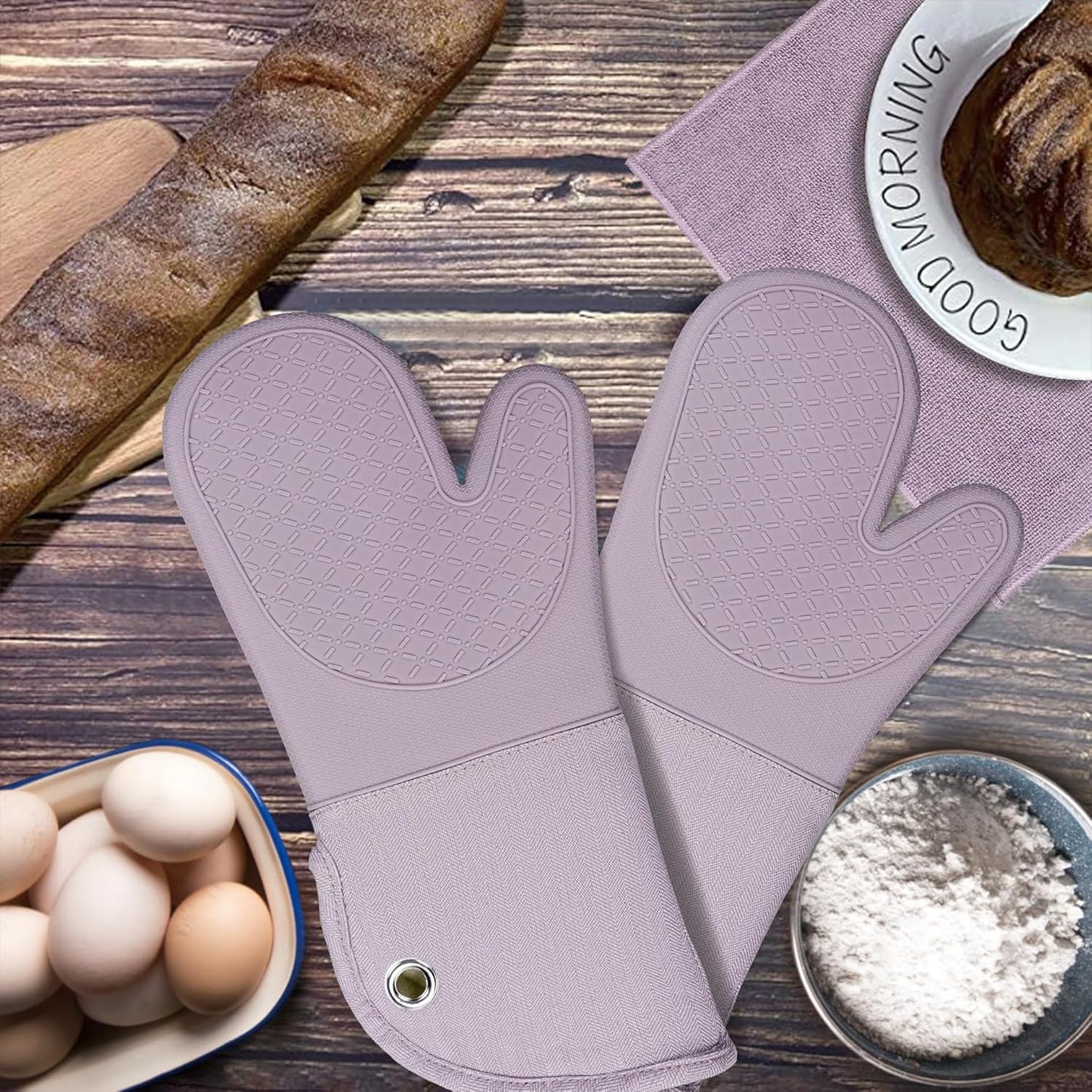 Professional Microwave Silicone Oven Mitts one Pair, Kitchen Mitten Set for Heat Resistant with 500 Degrees, Kitchen Gloves Pot Holder for BBQ Cooking Baking (Purple)